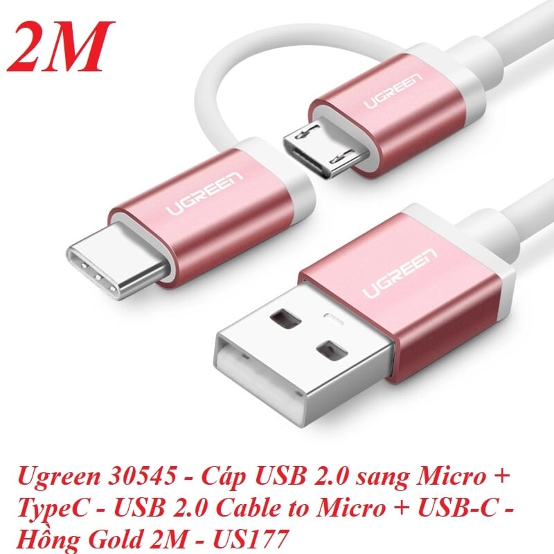 Ugreen 30545 2M màu Hồng Cáp USB-A sang Micro USB + USB-C cao cấp US177