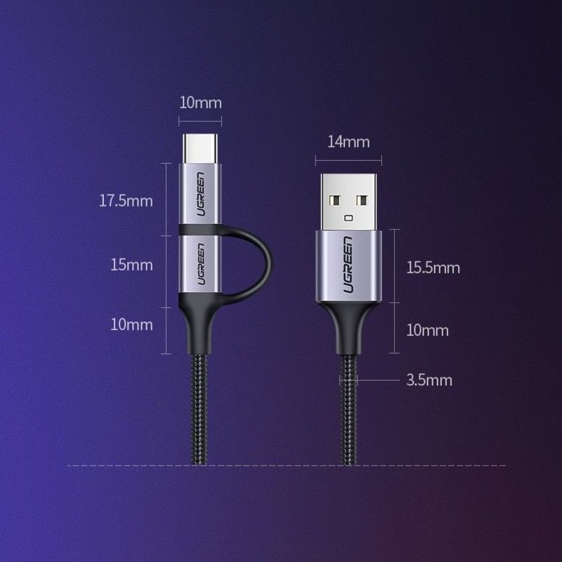 Ugreen 30875 1m cáp USB A ra Micro + Type C màu đen dây bện dù đầu bọc nhôm US177