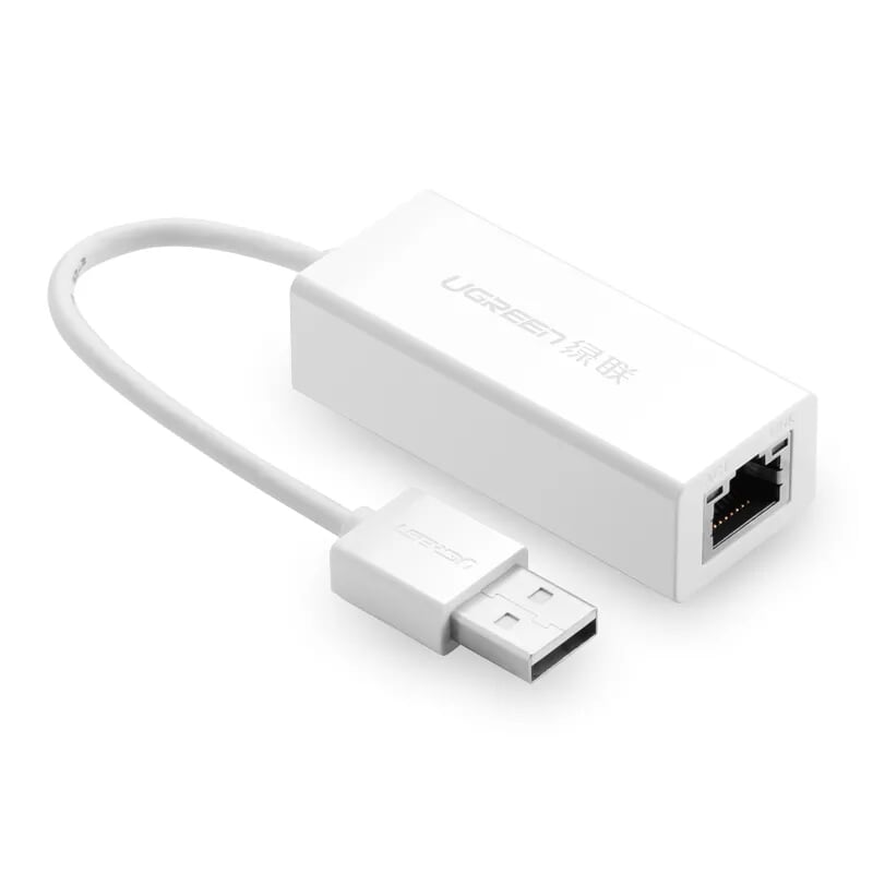 Ugreen 20253 10CM màu Trắng Cáp chuyển đổi USB 2.0 sang cổng LAN RJ45 tốc độ 100Mbps vỏ nhựa CR110