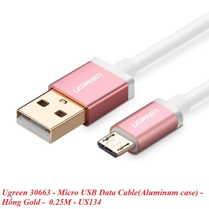 Ugreen 30663 0.25M màu Hồng Cáp sạc truyền dữ liệu USB 2.0 sang MICRO USB đầu mạ vàng US134