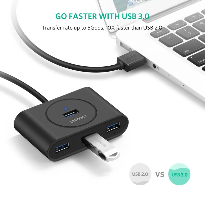 Ugreen 20290 50CM màu Đen Bộ chia HUB USB 3.0 sang 4 USB 3.0 hỗ trợ nguồn 5V CR113