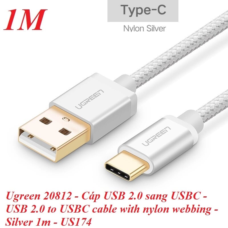 Ugreen 20812 1M màu Trắng Dây USB 2.0 sang Type-C đầu nhôm dây bọc vinyl US174