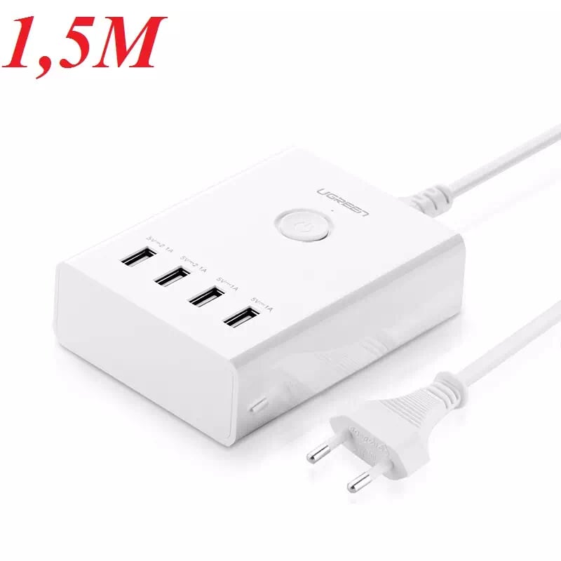 Ugreen 30562 1.5M màu Trắng Đế sạc để bàn 4 cổng USB hỗ trợ sạc nhanh kèm nút ON OFF CD102