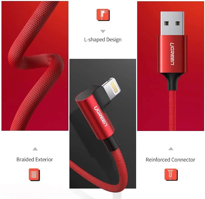 Ugreen 60555 1m cáp usb lightning bọc nhôm chống nhiễu góc 90 độ màu đỏ US299