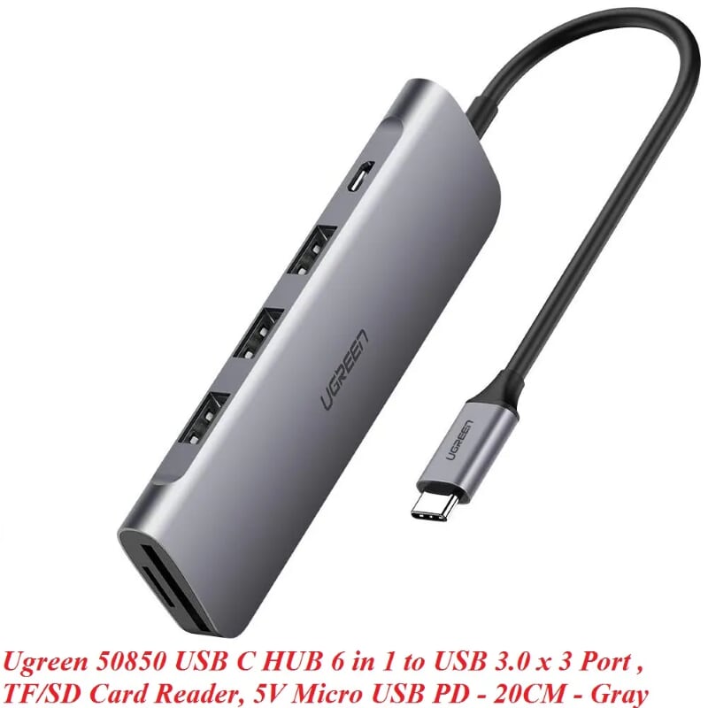 Ugreen 50850 20CM màu xám USB type C HUB 6 trong 1 ra USB 3.0 x 3 + Đọc thẻ TF/SD + nguồn 5V Micro USB CM195