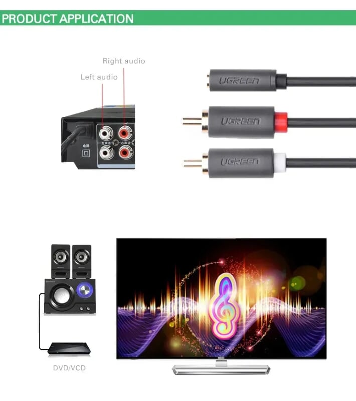 Ugreen 10588 1M màu Đen Cáp âm thanh 2 đầu Bông sen sang 3.5mm Âm AV102