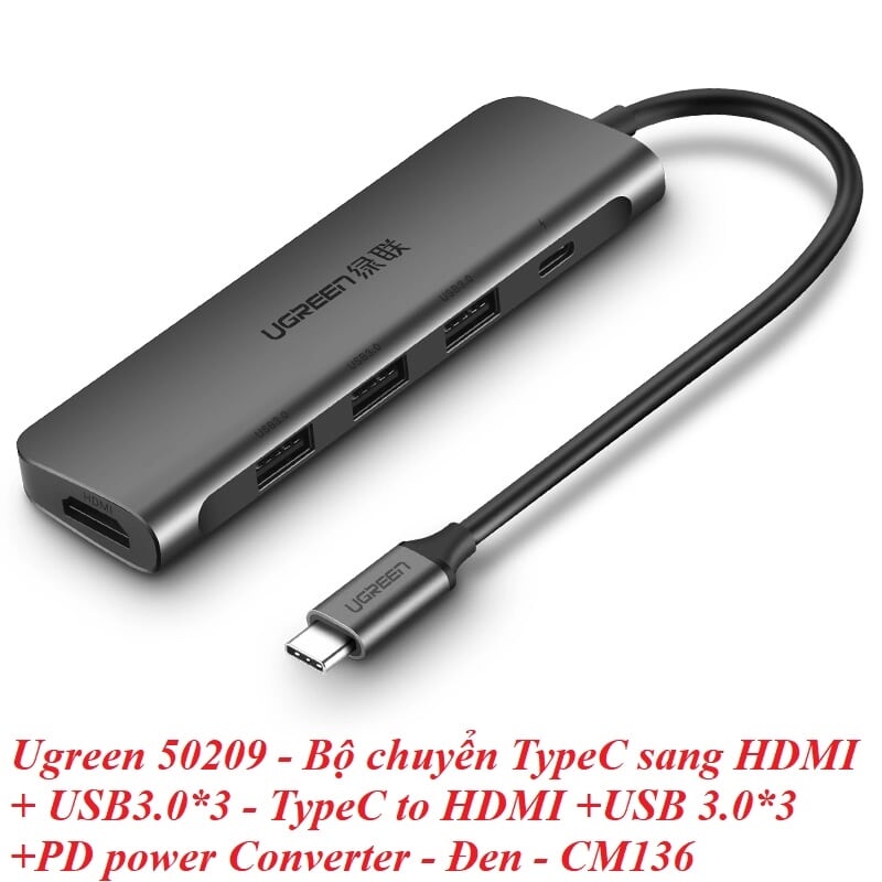 Ugreen 50209 Bộ chuyển đổi TYPE C sang 3 USB 3.0 + HDMI + hỗ trợ nguồn TYPE C CM136