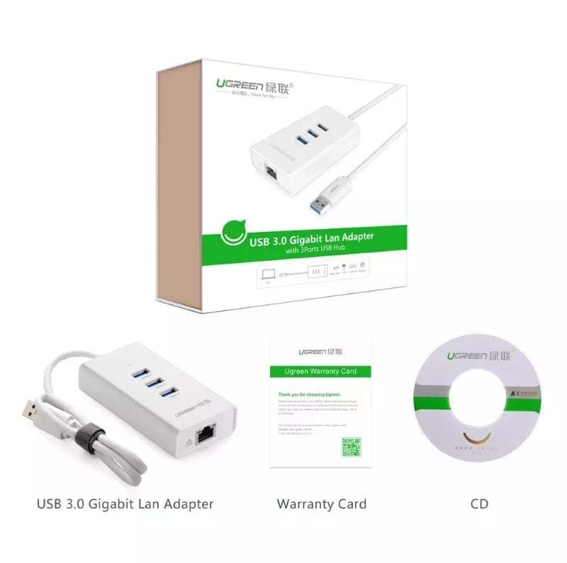 Ugreen 20262 50CM màu Trắng HUB chuyển đổi USB 3.0 sang 3 USB 3.0 + LAN tốc độ 100Mbps CR102