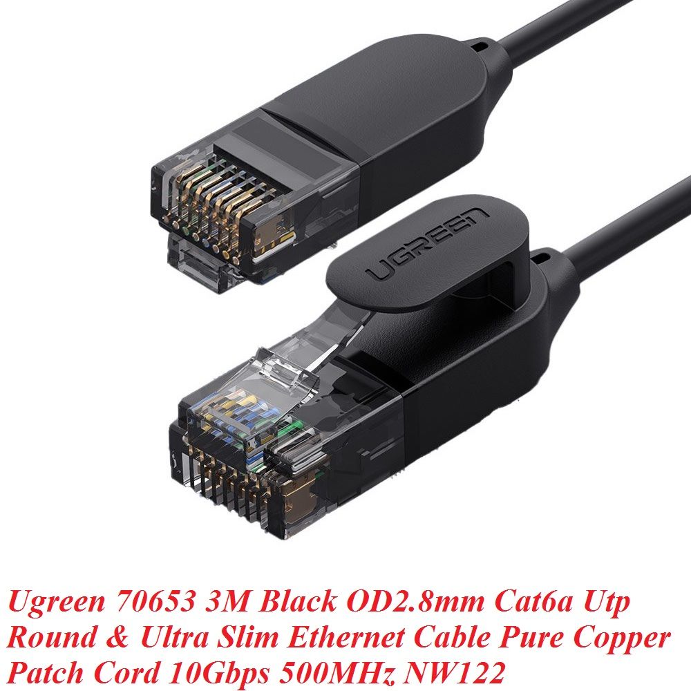 Ugreen 70653 3M 10Gbps 500MHz cat6a màu đen siêu mỏng OD2.8mm cáp mạng Utp LAN Ethernet toàn đồng NW122