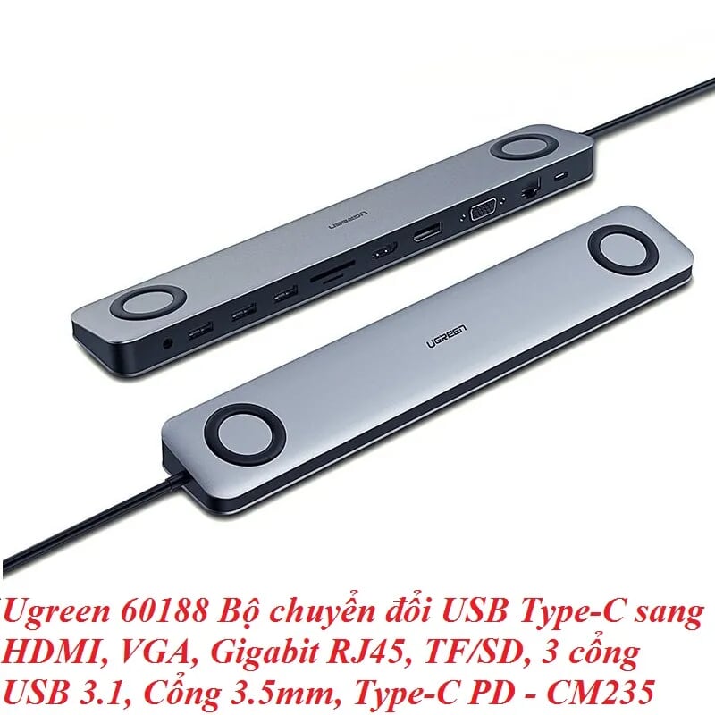 Ugreen 60188 Bộ chuyển đổi USB Type-C sang HDMI, VGA, Gigabit RJ45, TF/SD, 3 cổng USB 3.1, Cổng 3.5mm, Type-C PD có kèm nguồn DC 12V CM235