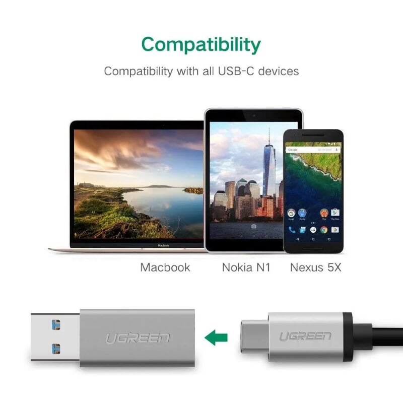 Ugreen 30705 Màu Xám Đầu chuyển đổi USB 3.0 sang TYPE C vỏ nhôm cao cấp US204