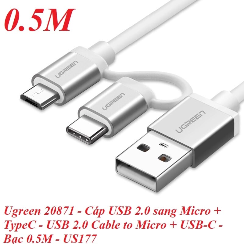 Ugreen 20871 0.5M màu trắng Dây USB 2.0 sang Type-C đầu nhôm US177