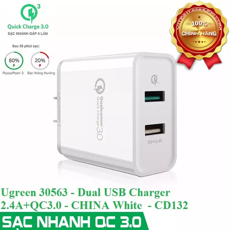 Ugreen 30563 30W màu Trắng Củ sạc nhanh 2 cổng USB chuẩn QC 3.0 + 2.4A CD132