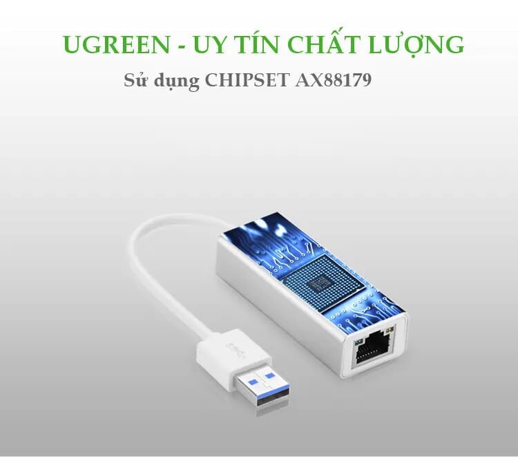 Ugreen 20258 15CM màu Bạc Cáp chuyển đổi USB 3.0 sang cổng LAN RJ45 tốc độ 1000Mbps vỏ nhôm 20258