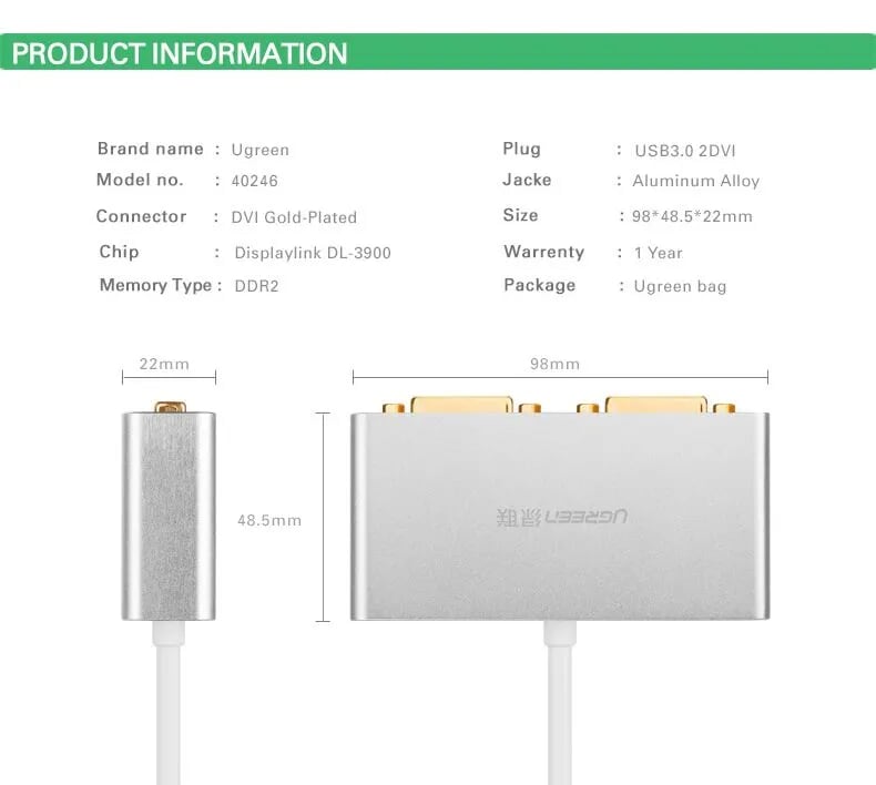 Ugreen 40246 80CM màu Trắng Bộ chuyển đổi USB 3.0 sang 2 cổng DVI 24+1 và 24+5 40246