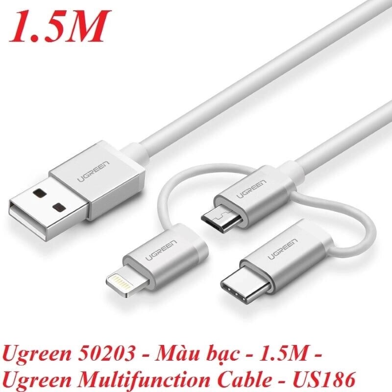 Ugreen 50203 1.5M Màu Bạc Cáp sạc đa năng USB sang TypeC + Micro + Lightning US186