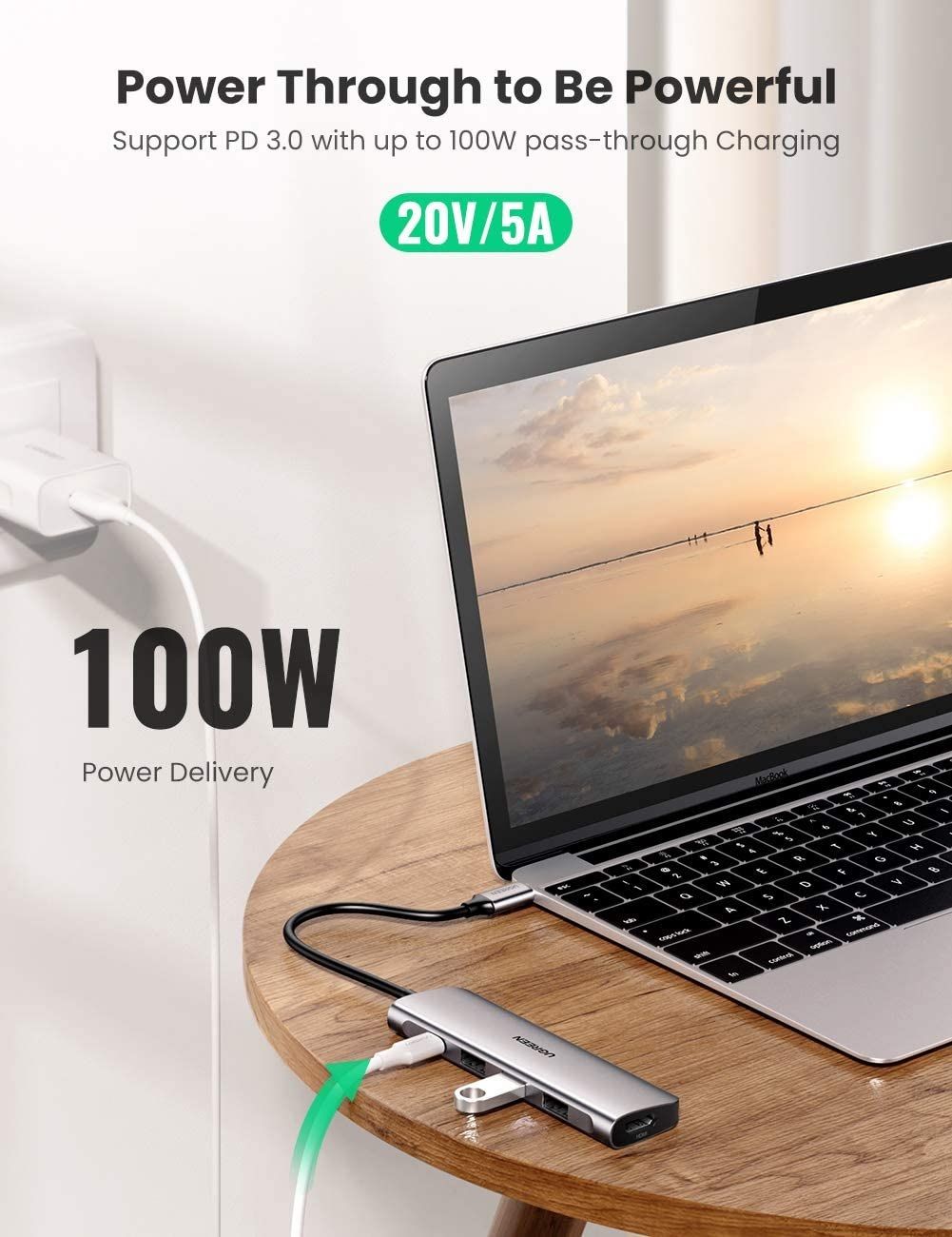 Ugreen 70495 5 trong 1 màu xám bộ chuyển USB type C ra 3*USB 3.1 sạc 100w PD 4K HDMI CM136