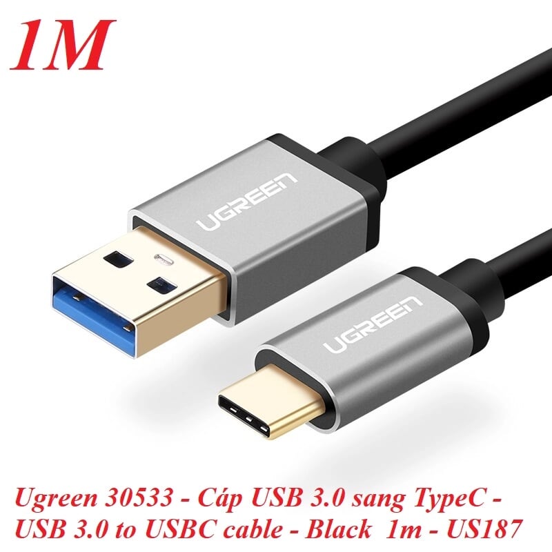 Ugreen 30533 1M màu Đen Cáp dữ liệu USB Type-C sang USB 3.0 truyền dữ liệu từ máy tính ra điện thoại US187