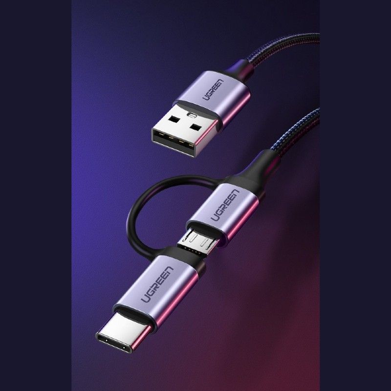 Ugreen 30875 1m cáp USB A ra Micro + Type C màu đen dây bện dù đầu bọc nhôm US177