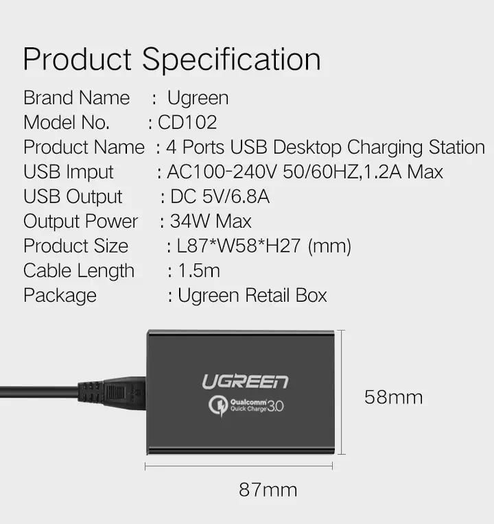 Ugreen 30598 1.5 Màu Đen Sạc nhanh chuẩn 3.0 Quick Charge 4 cổng usb qc3.0 CD102