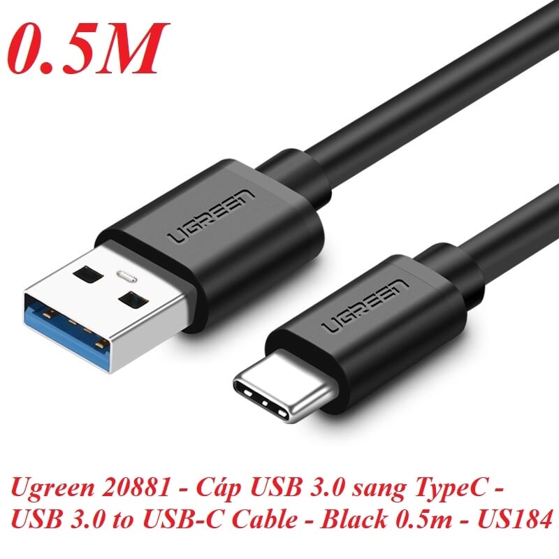 Ugreen 20881 0.5M màu đen Cáp dữ liệu USB 3.0 sang Type-C truyền dữ liệu từ máy tính ra điện thoại dài US184