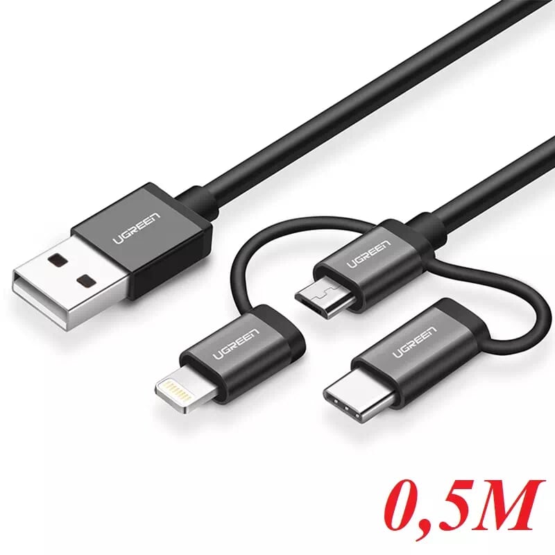 Ugreen 30783 0.5M màu Đen Cáp sạc đa năng USB sang TypeC + Micro + Lightning US186