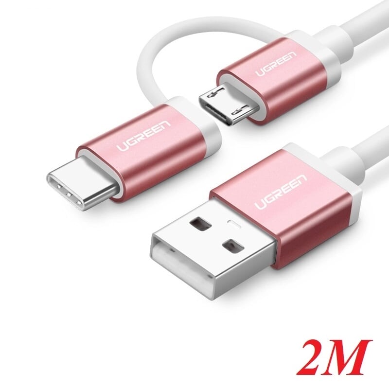 Ugreen 30545 2M màu Hồng Cáp USB-A sang Micro USB + USB-C cao cấp US177