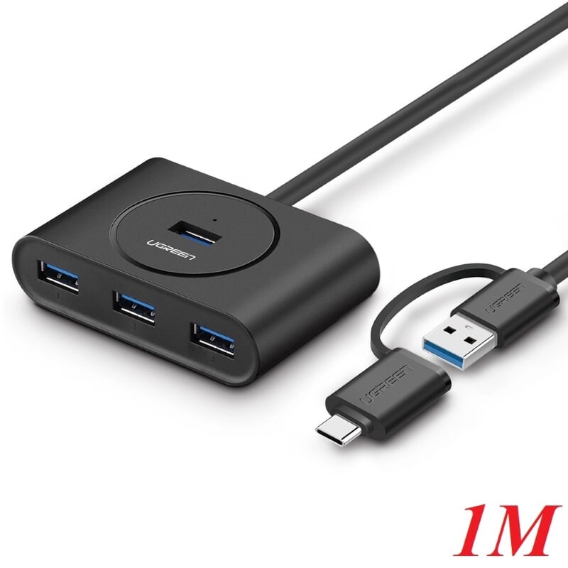 Ugreen 40850 1M Màu Đen Bộ chuyển đổi TYPE C sang 4 USB 3.0 + nguồn MICRO USB hỗ trợ OTG TYPE C CR113