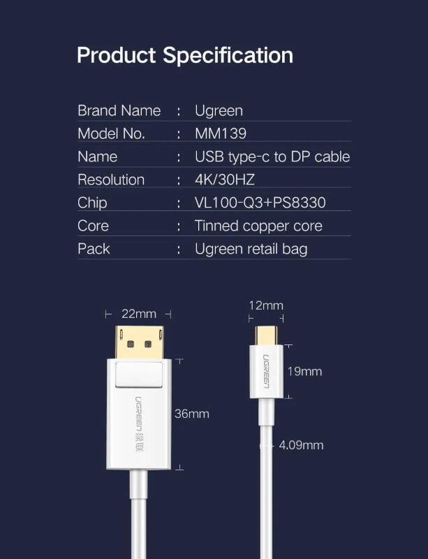 Ugreen 40420 1.5M màu Trắng Cáp chuyển đổi TYPE C sang DISPLAYPORT dương MM139