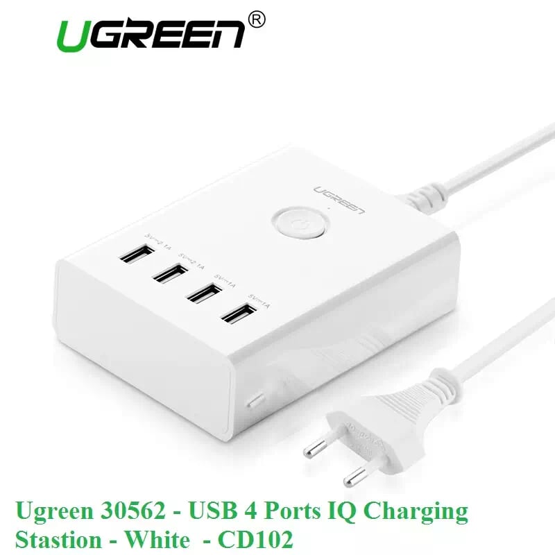 Ugreen 30562 1.5M màu Trắng Đế sạc để bàn 4 cổng USB hỗ trợ sạc nhanh kèm nút ON OFF CD102