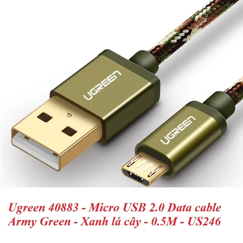 Ugreen 40883 0.5M màu Xanh lá Cáp sạc truyền dữ liệu USB 2.0 sang MICRO USB dây bọc lưới US246