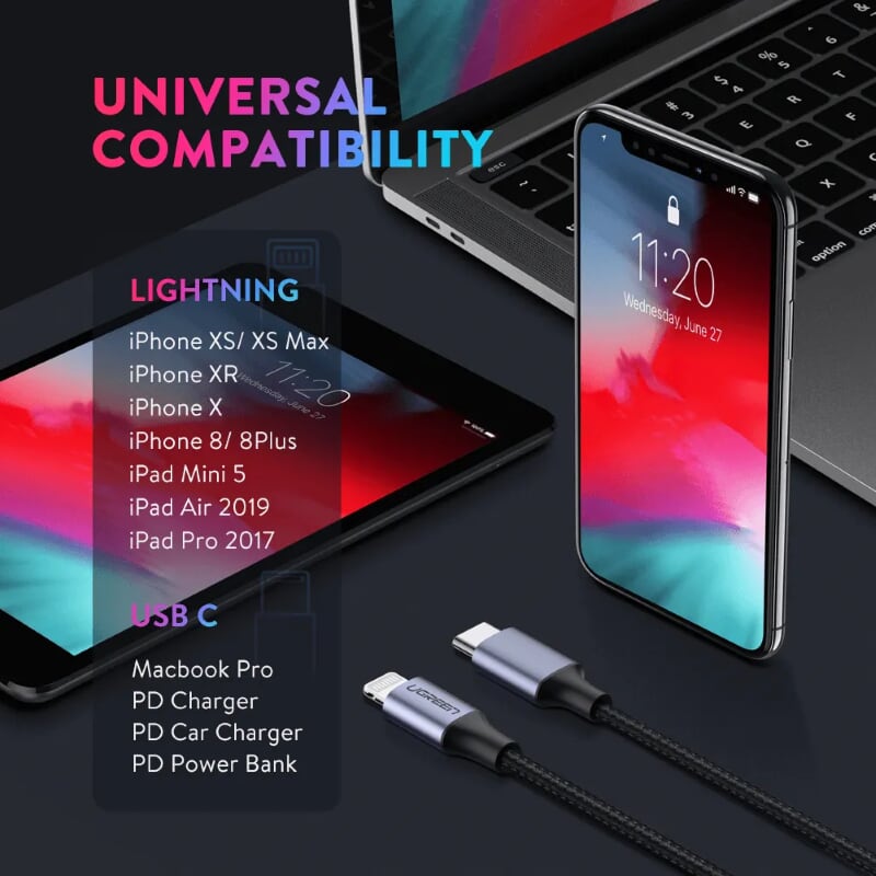 Ugreen 60759 1M Màu Đen Cáp USB Type C ra Lightning Dây bện nylon US304