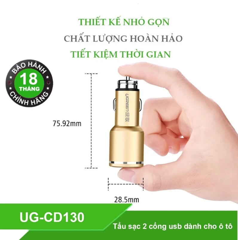 Ugreen 30514 48W màu Vàng Bộ sạc ô tô 2 cổng USB 2.4A + QC 3.0 CD130