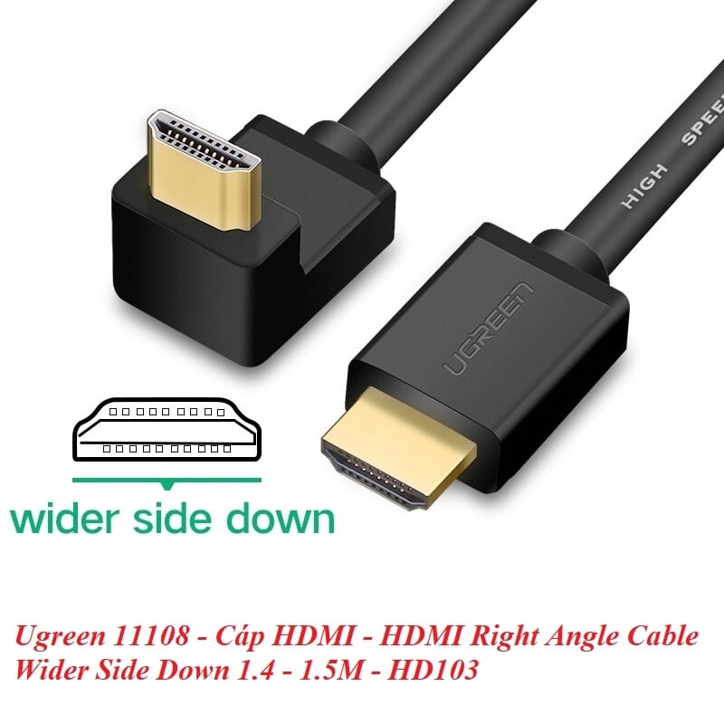 Ugreen 11108 1.5M màu Đen Cáp tín hiệu HDMI chuẩn 1.4 đầu bẻ góc 90 độ HD103