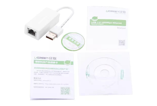 Ugreen 20253 10CM màu Trắng Cáp chuyển đổi USB 2.0 sang cổng LAN RJ45 tốc độ 100Mbps vỏ nhựa CR110