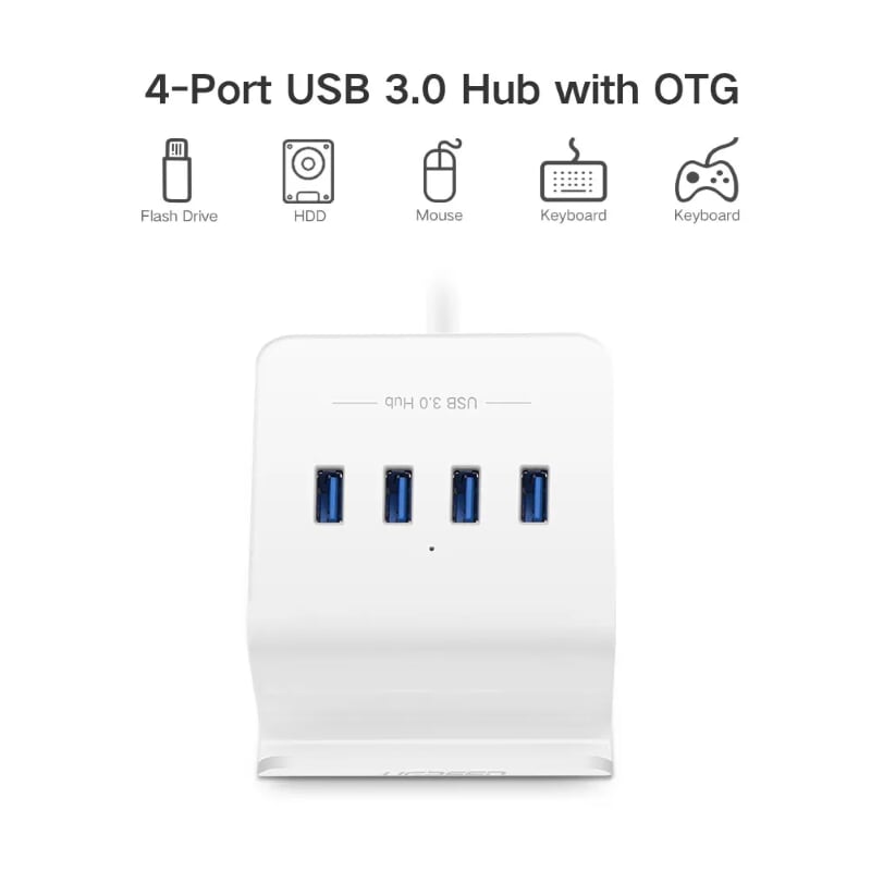 Ugreen 20280 Màu Trắng Bộ chia HUB USB 3.0 sang 4 USB 3.0 có khay đỡ hỗ trợ OTG CR109