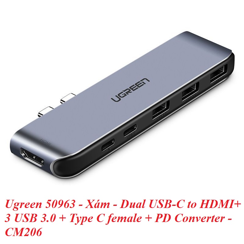 Ugreen 50963 Bộ chuyển đổi 2 TYPE C sang 3 USB 3.0 + HDMI + hỗ trợ 2 nguồn TYPE C CM206