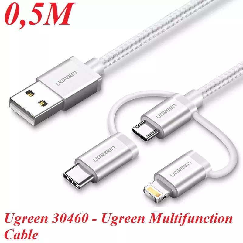 Ugreen 30460 0.5M màu Trắng Cáp sạc đa năng USB sang TypeC + Micro + Lightning US186