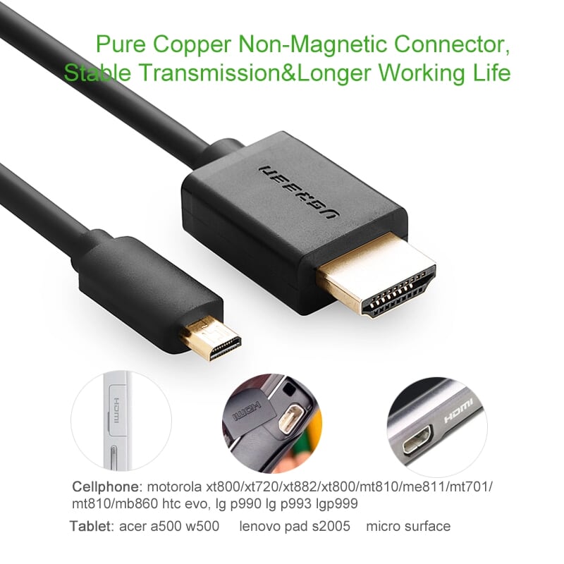 Ugreen 30103 2M màu Đen Cáp chuyển đổi Micro HDMI sang HDMI thuần đồng HD127