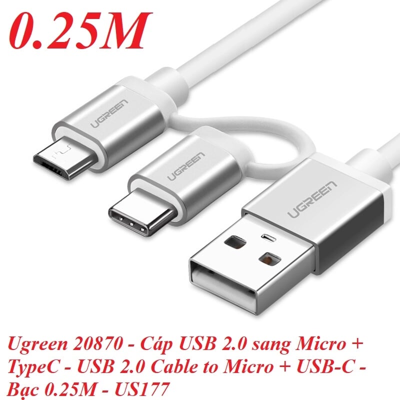 Ugreen 20870 0.25M màu trắng Dây USB 2.0 sang Type-C đầu nhôm US177