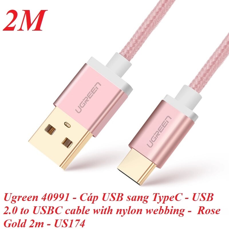 Ugreen 40991 2M 3A màu Đen Cáp USB TypeC sang USB 2.0 Hỗ trợ sạc nhanh US174