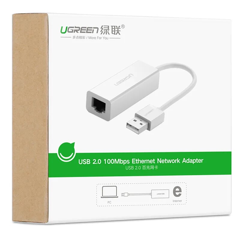 Ugreen 30295 15CM màu Trắng Cáp chuyển đổi USB 2.0 sang cổng LAN RJ45 tốc độ 100Mbps vỏ nhựa CR128