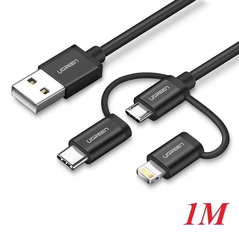 Ugreen 50205 1M Màu Đen Cáp sạc đa năng USB sang TypeC + Micro + Lightning có Chip MFI US186