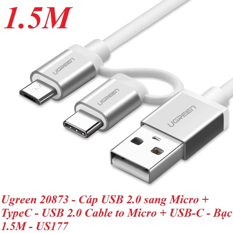 Ugreen 20873 1.5M màu Bạc Cáp USB-A sang Micro USB + USB-C cao cấp US177