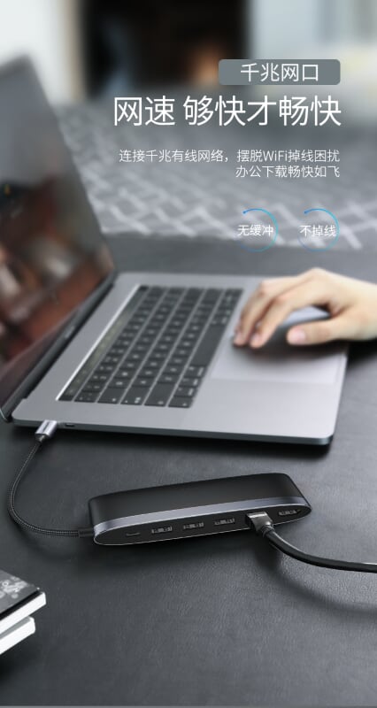 Ugreen 50989 Bộ chuyển đổi TYPE C sang 3 USB 3.0 + HDMI + LAN + nguồn TYPE C CM222