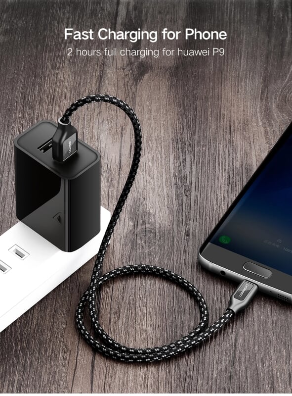 Ugreen 50142 0.5M màu Đen Cáp sạc truyền dữ liệu USB 2.0 sang TYPE C vỏ bọc lưới đầu mạ vàng US259