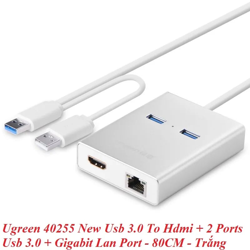 Ugreen 40255 80CM Màu Trắng New Usb 3.0 To Hdmi + 2 Ports Usb 3.0 + Gigabit Lan Port 40255