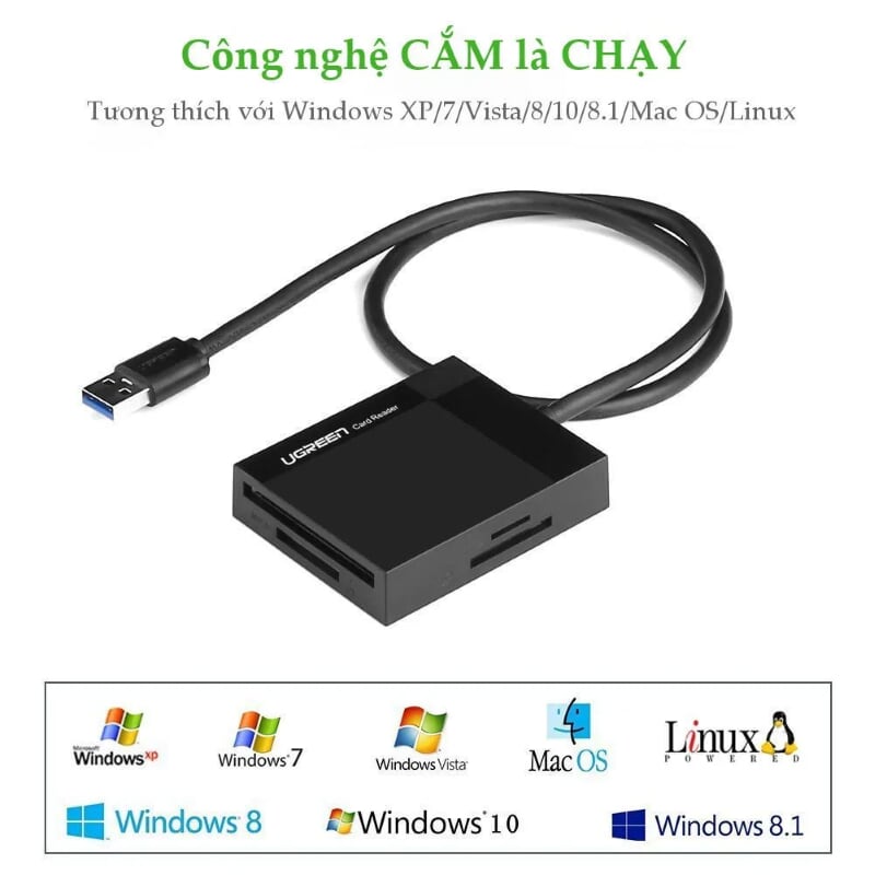 Ugreen 30231 1M màu Đen Đầu đọc thẻ USB 3.0 sang SD + TF + CF + MS cao cấp 30231