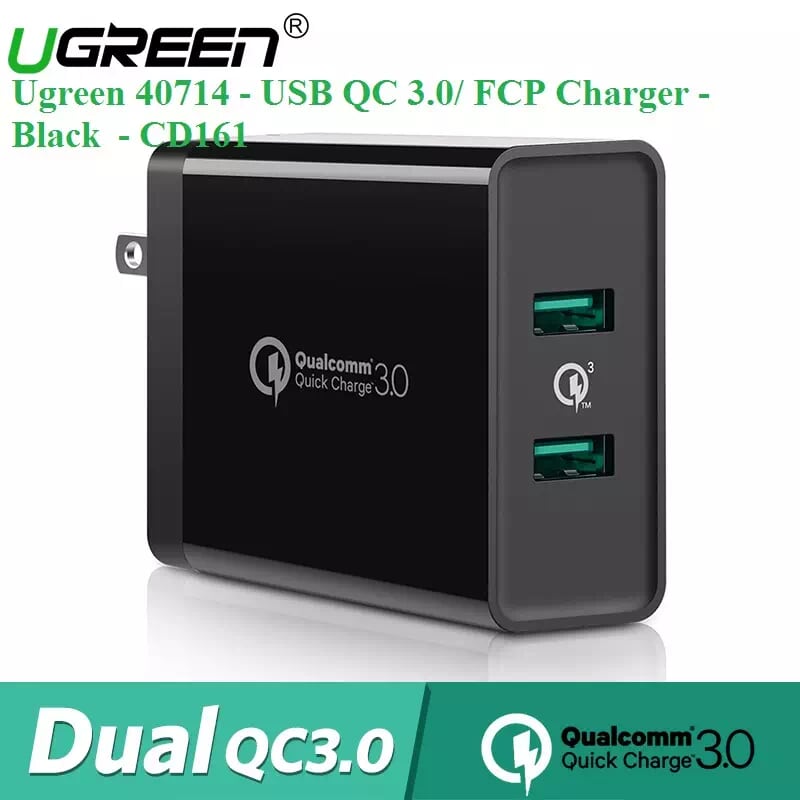 Ugreen 40714 36W màu Đen Củ sạc nhanh 2 cổng USB chuẩn QC 3.0 CD161