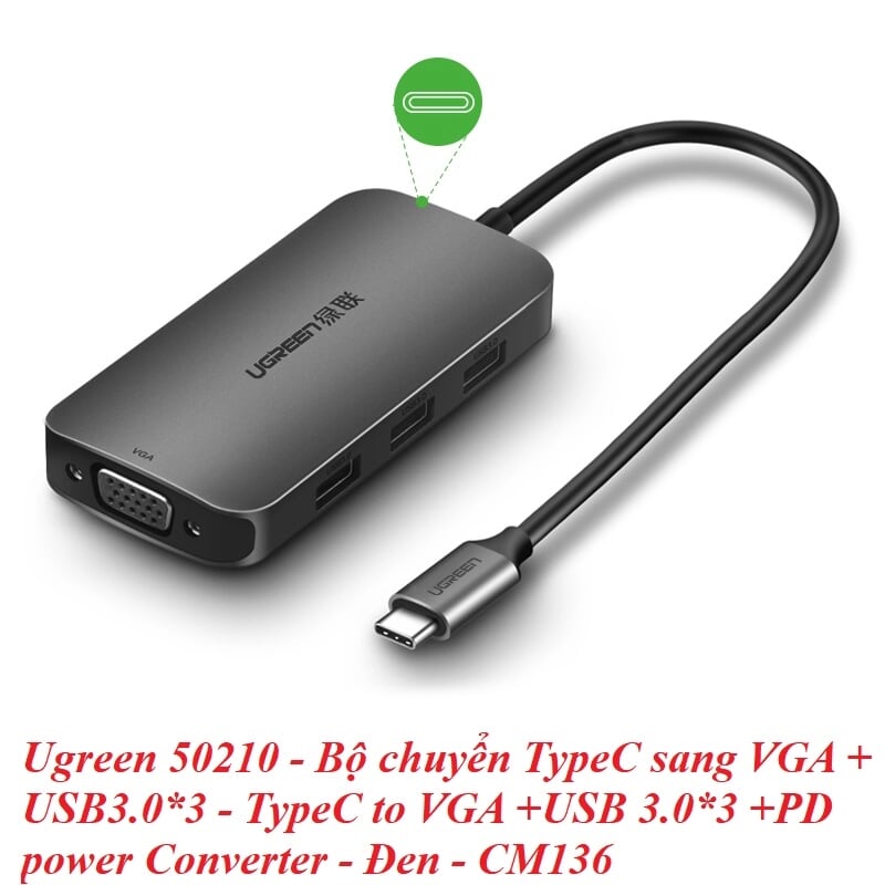 Ugreen 50210 Bộ chuyển đổi TYPE C sang 3 USB 3.0 + VGA + hỗ trợ nguồn TYPE C CM136